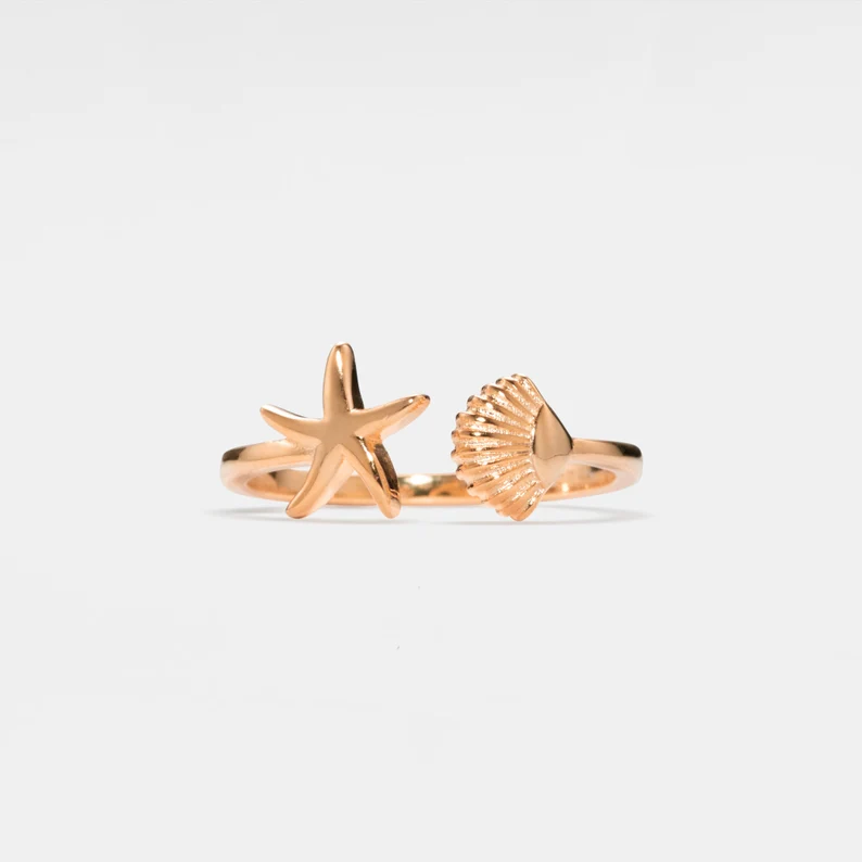 Seashell Starfish Ocean Beach Ring in 925 Sterling Silver