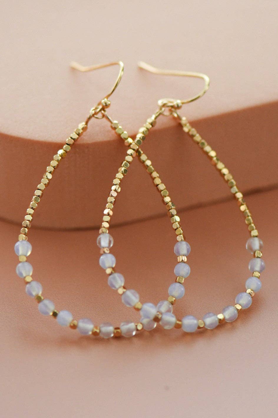Opal Stone Beaded Teardrop Wire Earrings - 7275