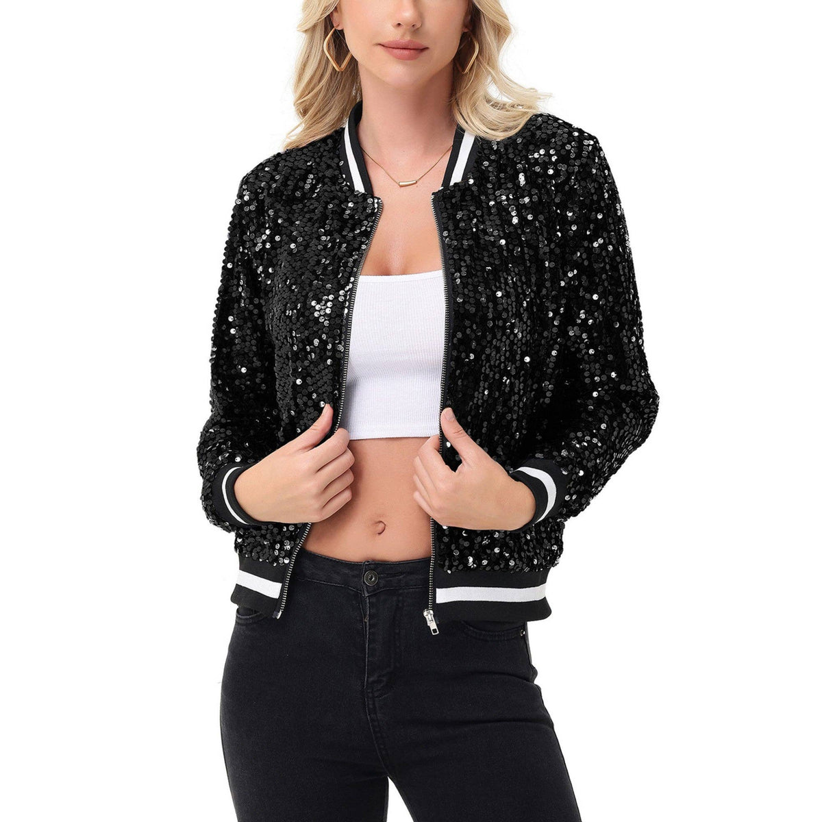 Game Day Sequin Bomber Jacket with Ribbed Trim and Front Zip