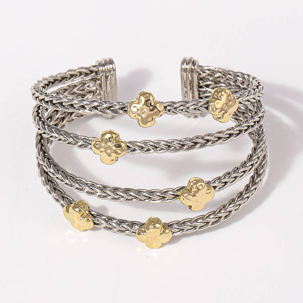 4 Layered Two-Tone Clover Braided Cuff Bracelets