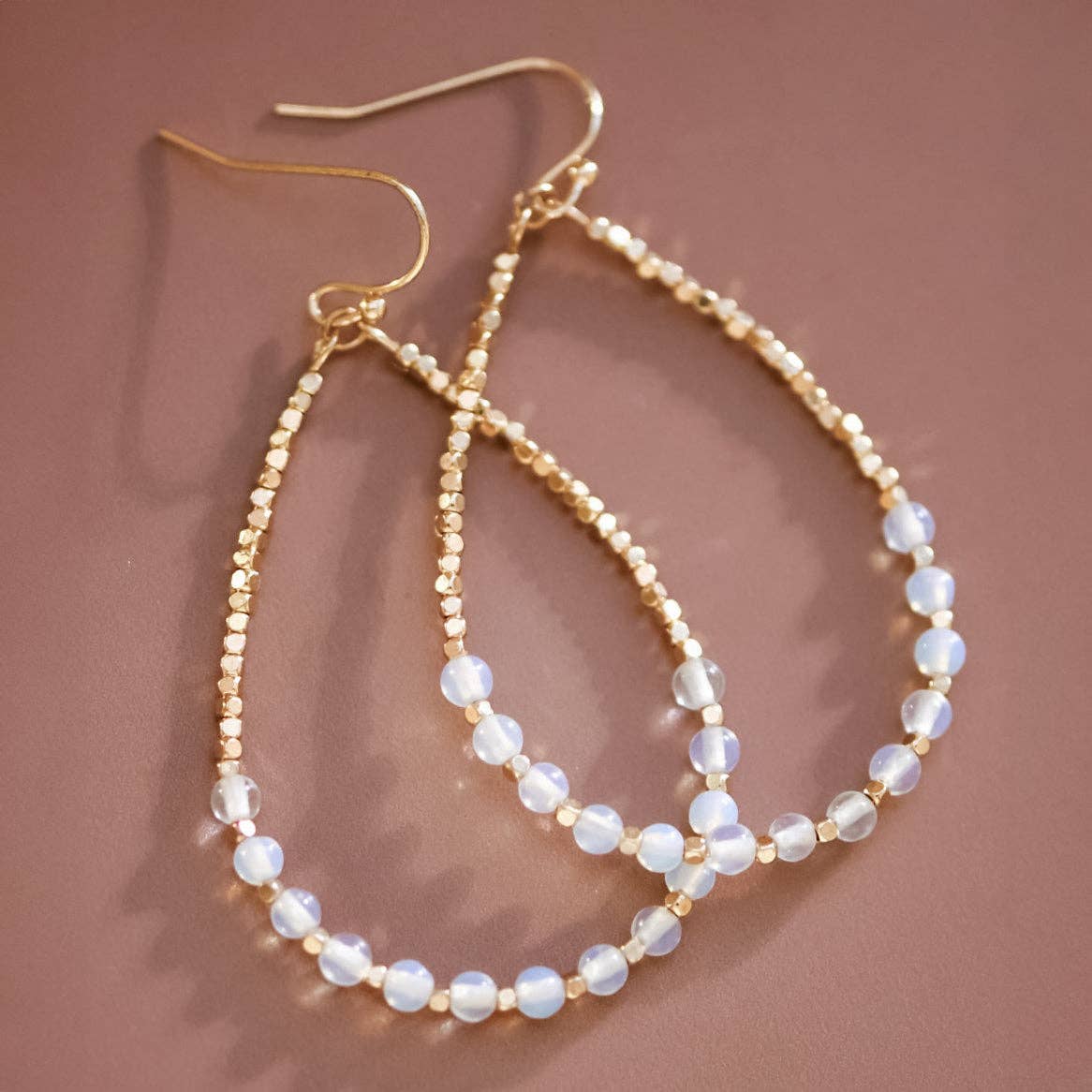 Opal Stone Beaded Teardrop Wire Earrings - 7275