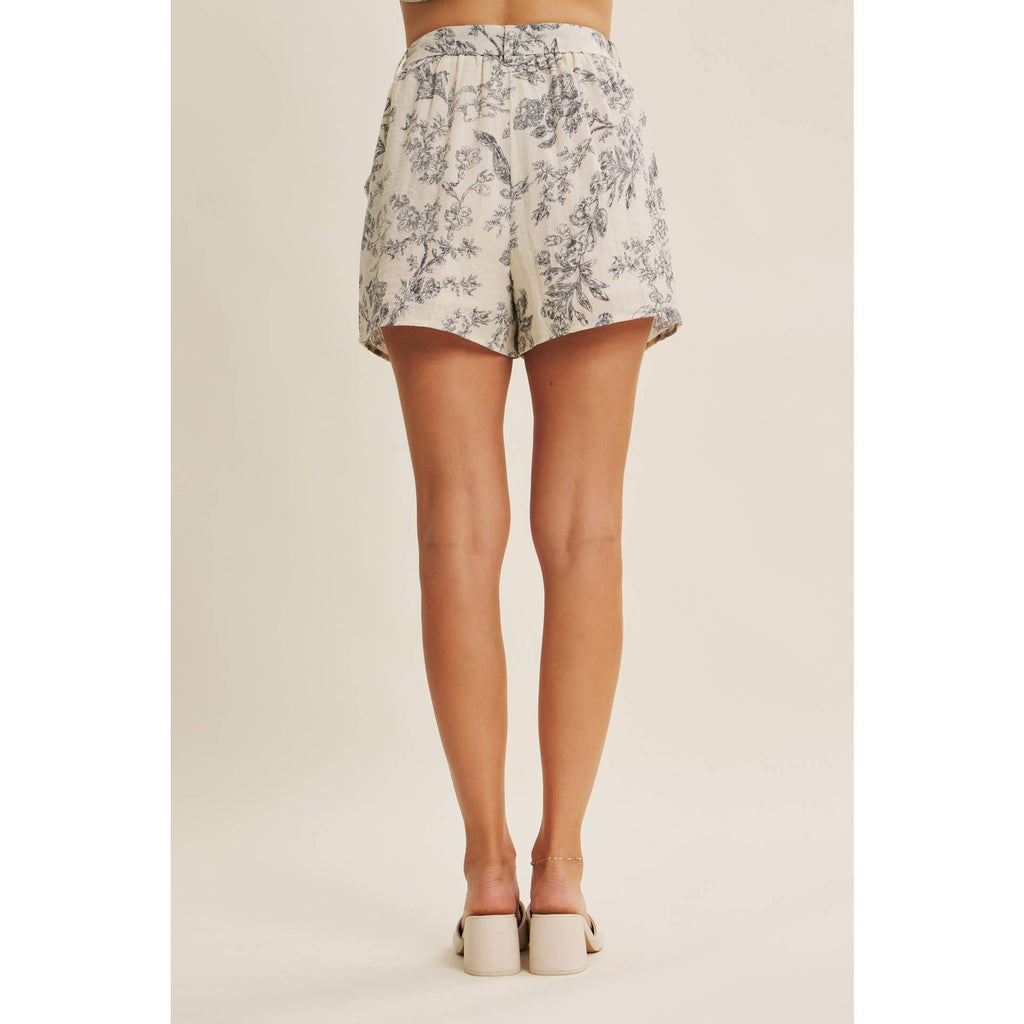 PARISIAN CHARM AIRY TOILE PRINT SHORTS WITH WAIST TIE