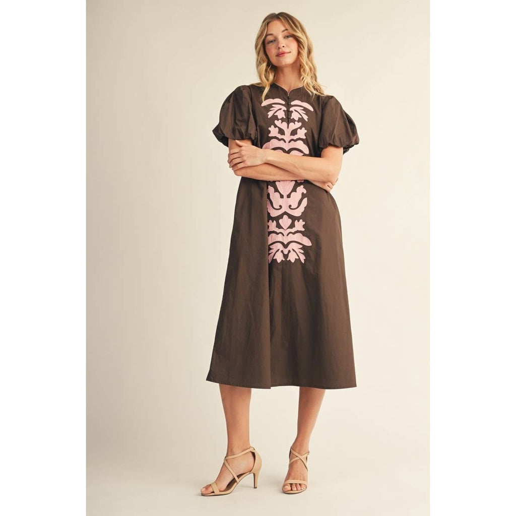 Applique Accent Puff Sleeves Midi Dress