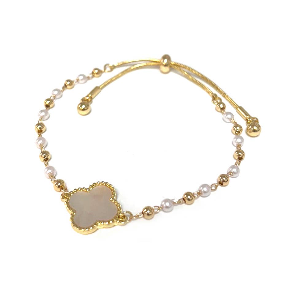 Clover Charm w/Pearl & CCB Ball Bead Pull Tie Bracelet