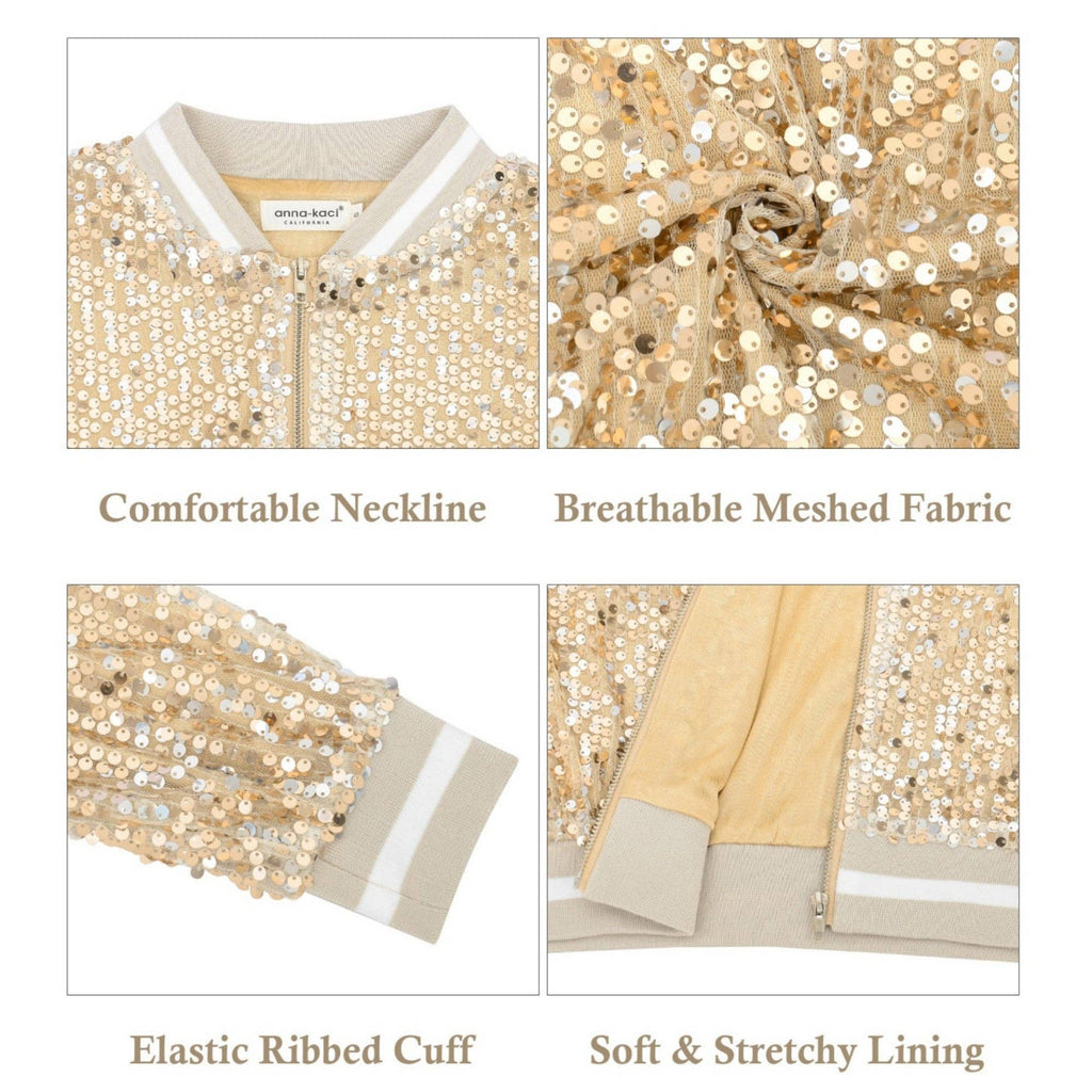 Game Day Sequin Bomber Jacket with Ribbed Trim and Front Zip