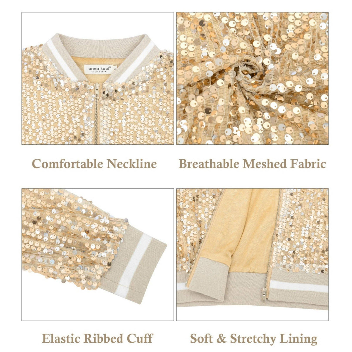 Game Day Sequin Bomber Jacket with Ribbed Trim and Front Zip