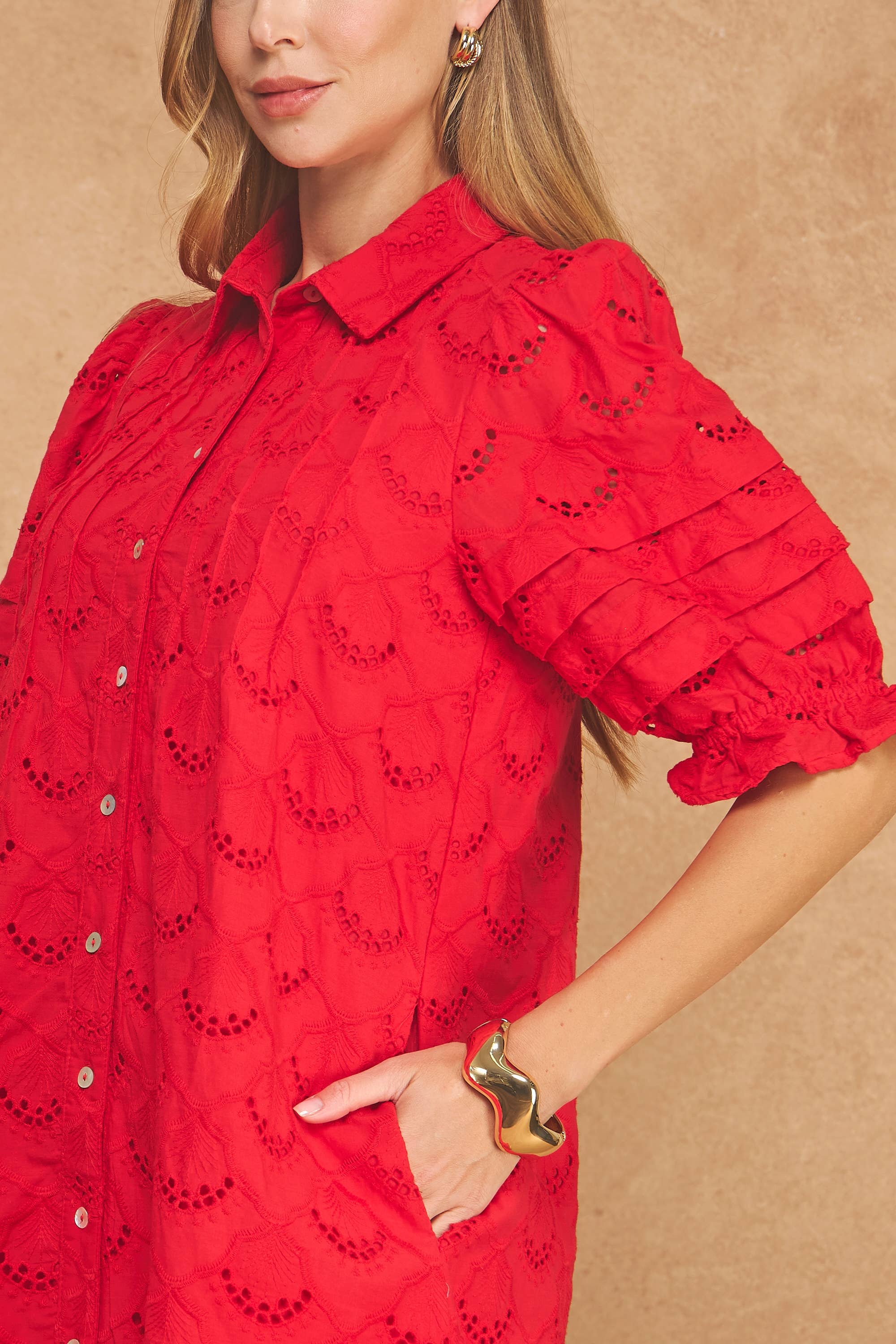 Pintuck Scalloped Eyelet Puff Sleeve Mini Shirt Dress
