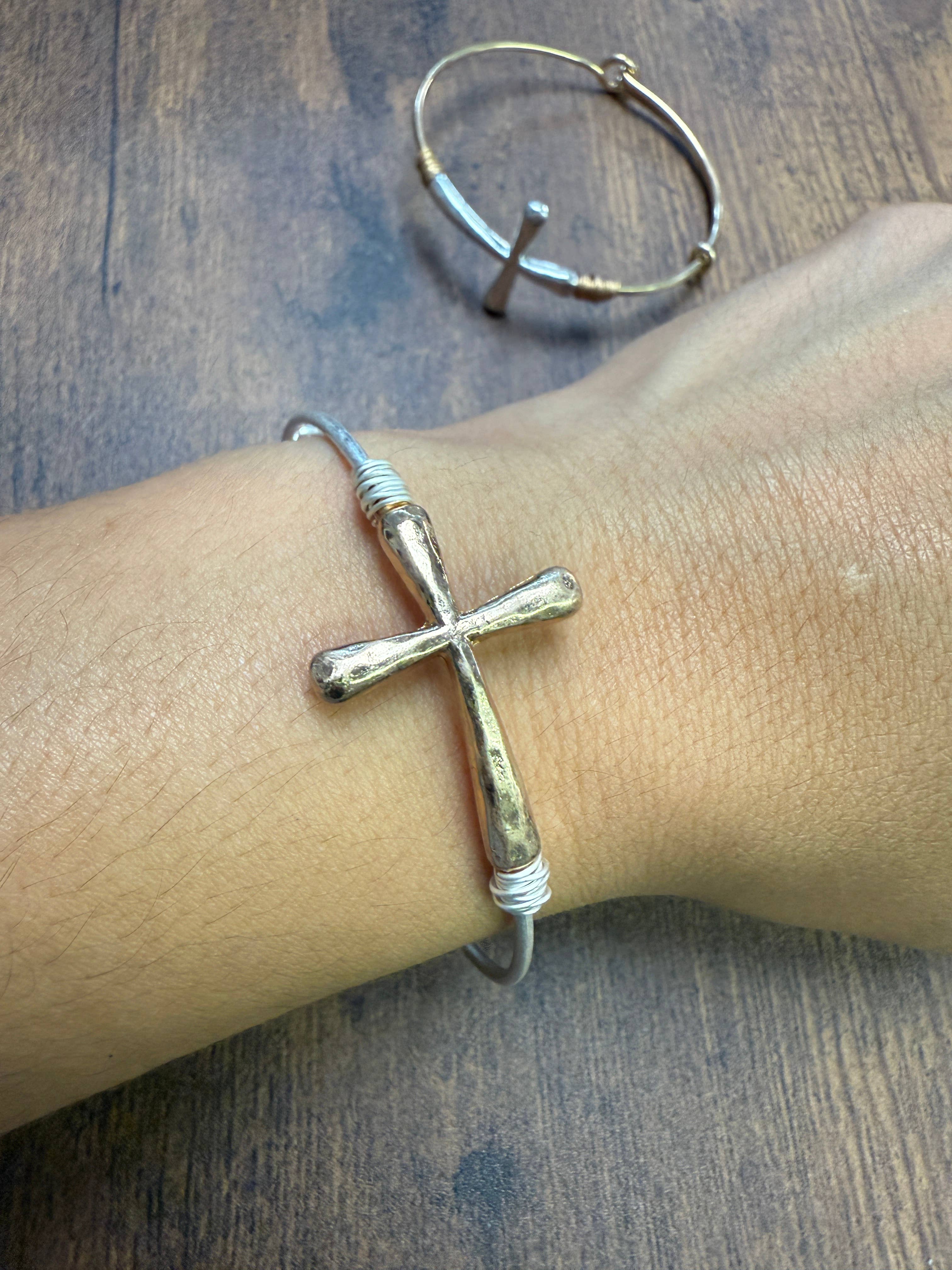 Two-tone Wire Wrapped Cross Bangle Bracelet