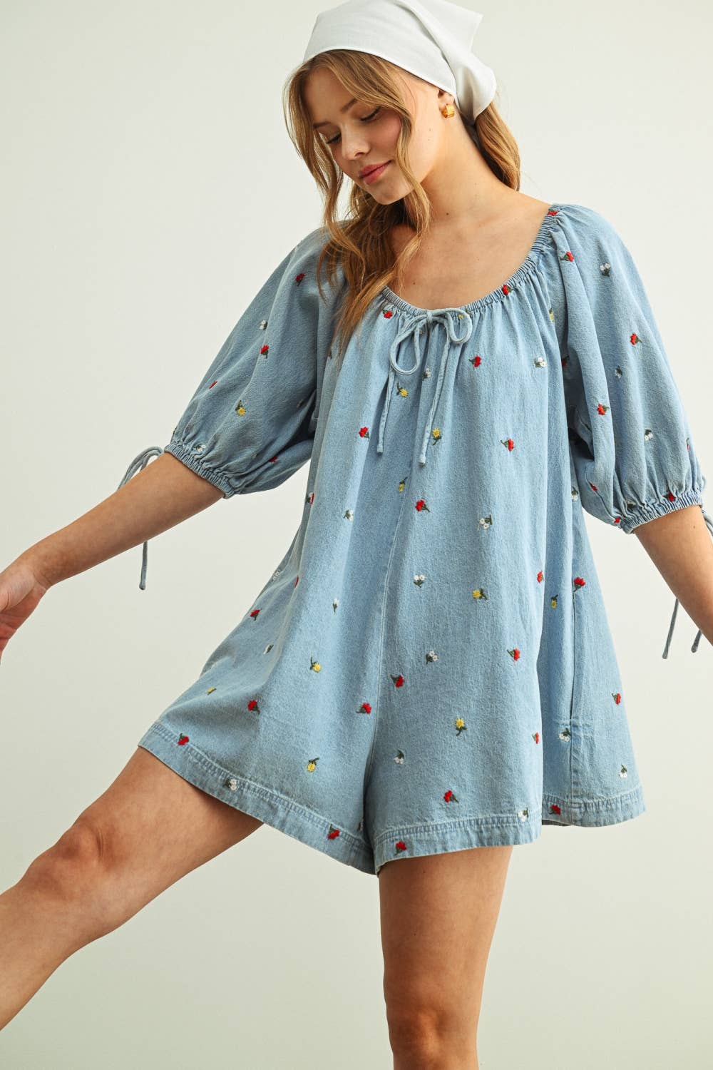 R5823   EMBROIDERED DENIM ROMPER WITH 3/4 SLEEVE