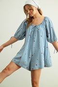 R5823   EMBROIDERED DENIM ROMPER WITH 3/4 SLEEVE