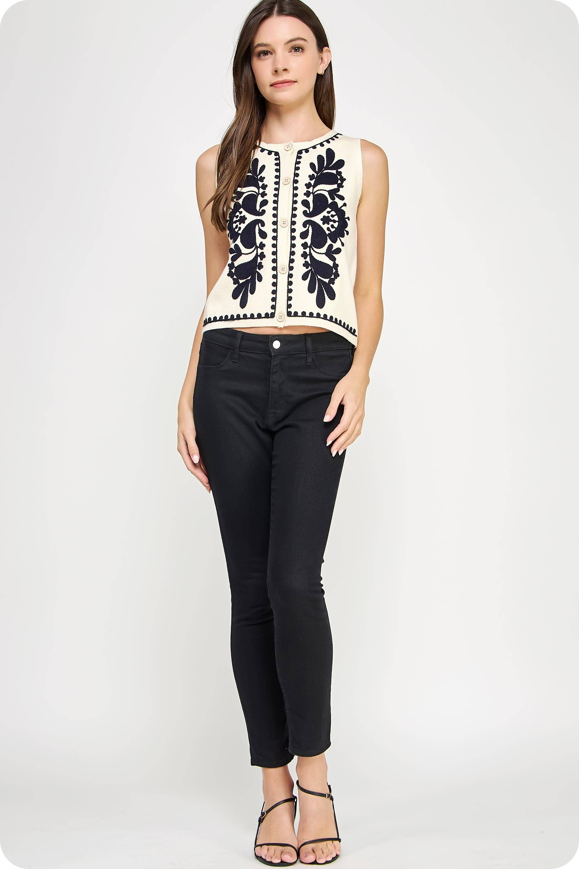 Embroidered Sleeveless Knitted Vest Top