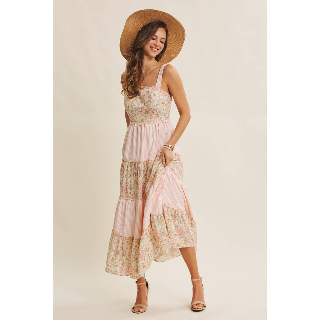 DREAMY IDEAL TIERED MIDI DRESS MIXED IN FLORALS AND STRIPES