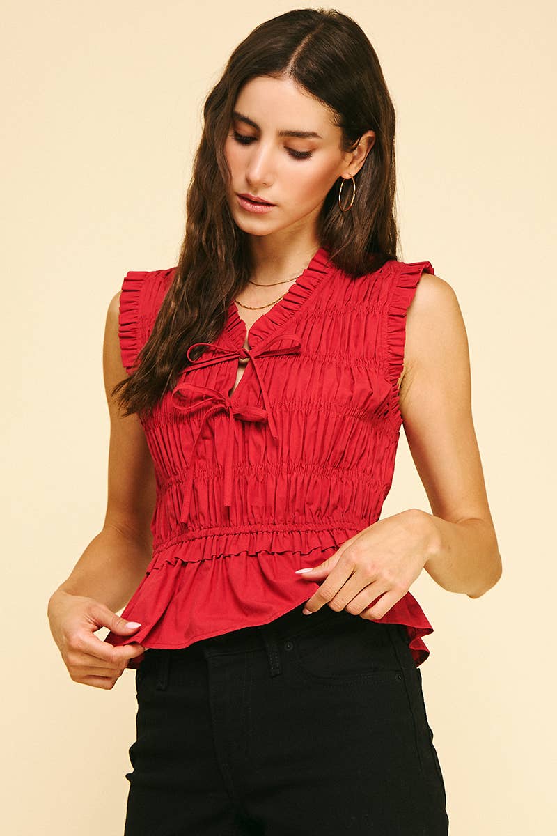 FRONT-TIE DETAILED SMOCKING TOP - 5555T