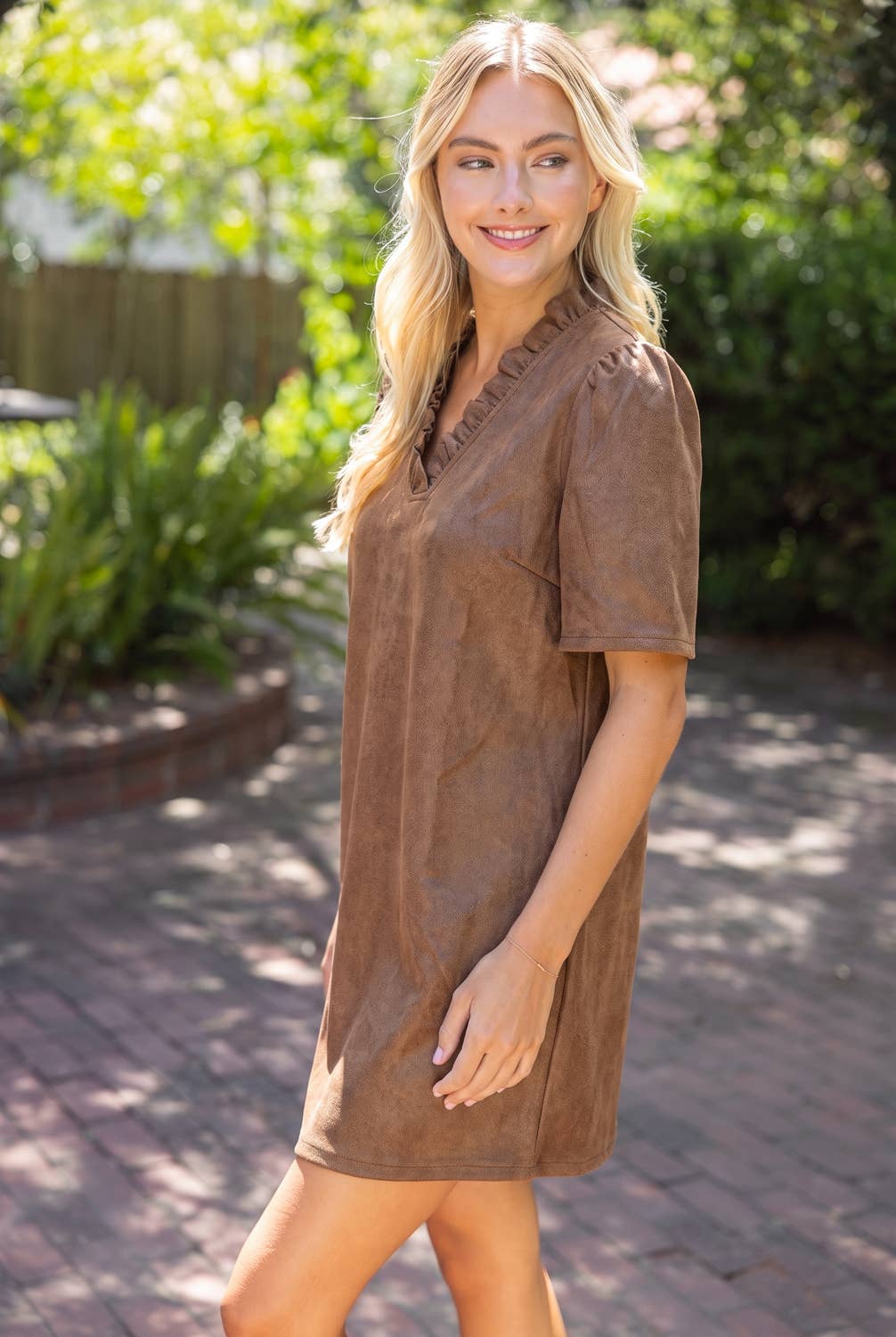 37100 Ruffled V-Neck Solid Faux Leather Shift Dress