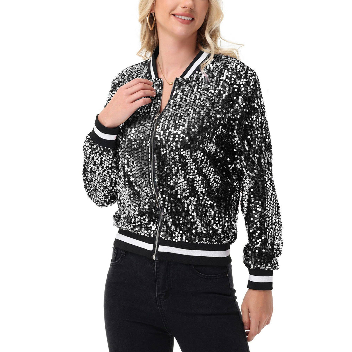 Game Day Sequin Bomber Jacket with Ribbed Trim and Front Zip