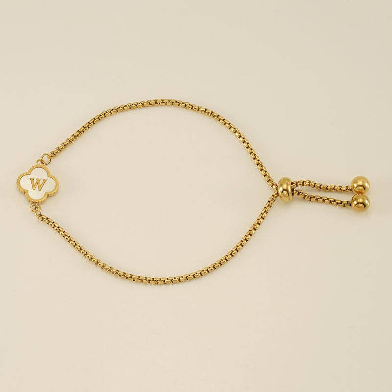 Initial Letter Four Leaf Clover Bracelet in Stainless Steel