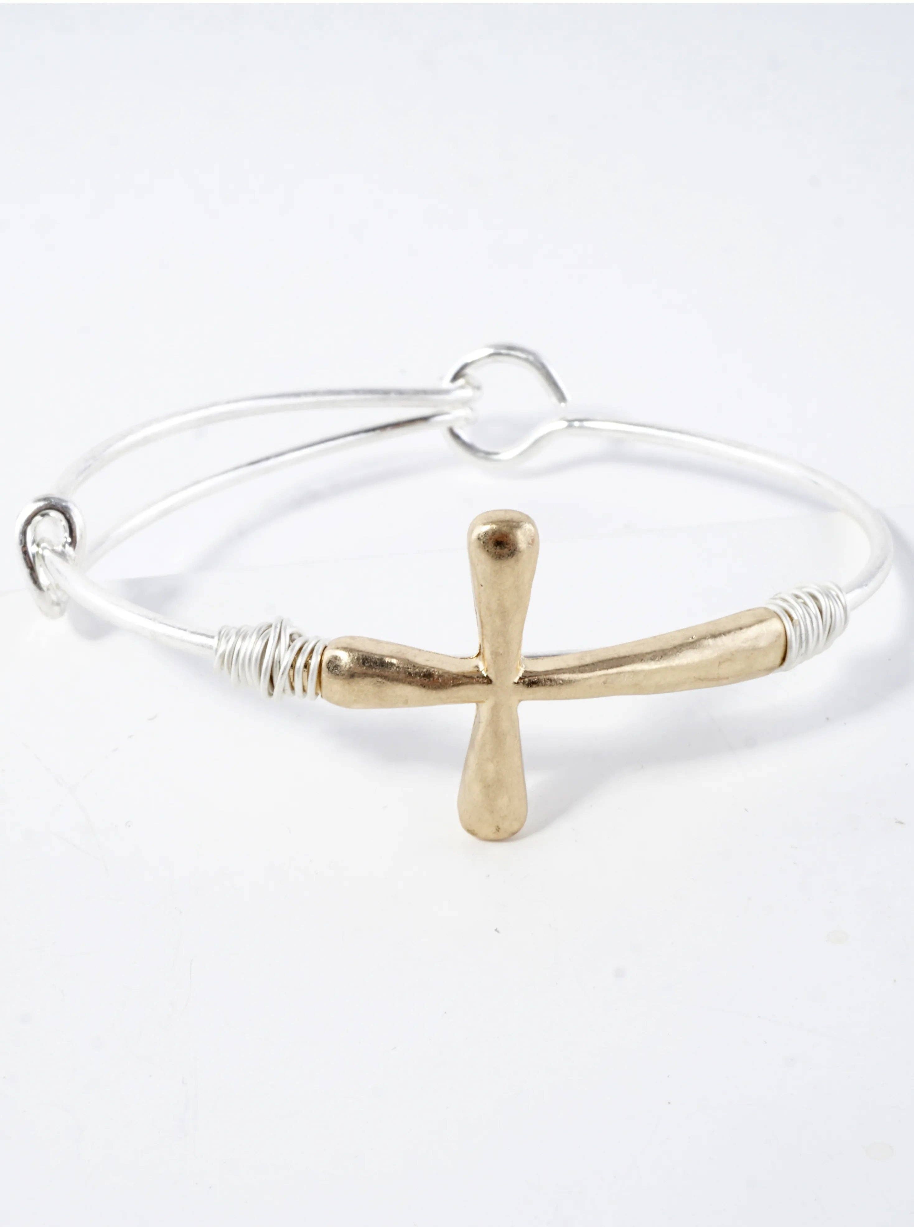 Hammered Cross Sideways Wired Cuff Hinge Bracelet