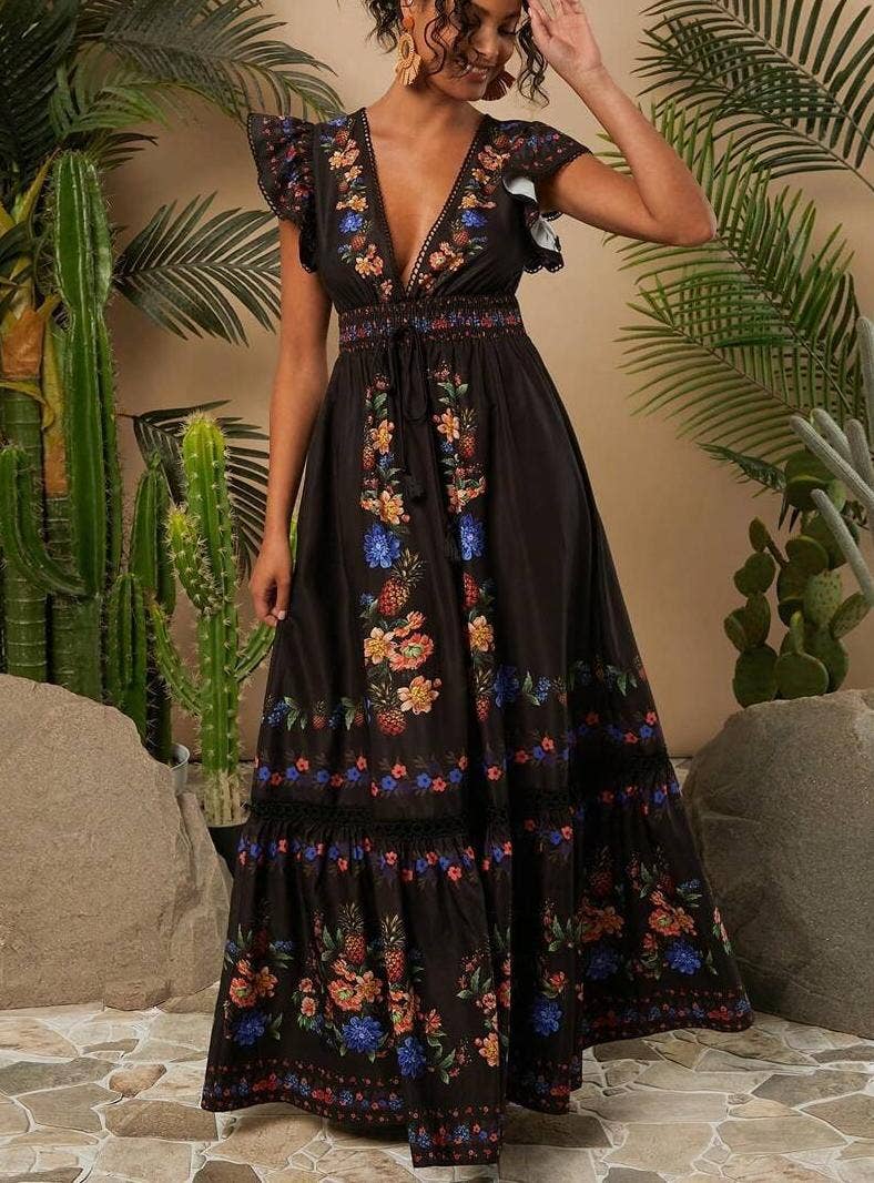 Boho Embroidered Tiered Maxi Dress