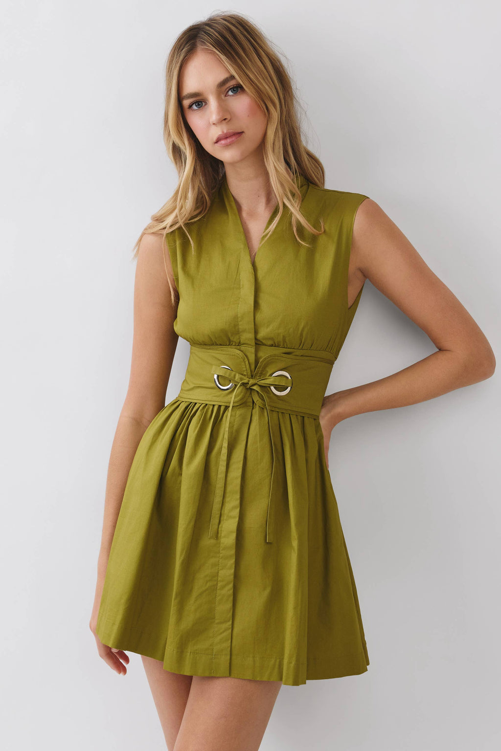 CD07317-Sleeveless Fit & Flare Waist Belt Mini Dress