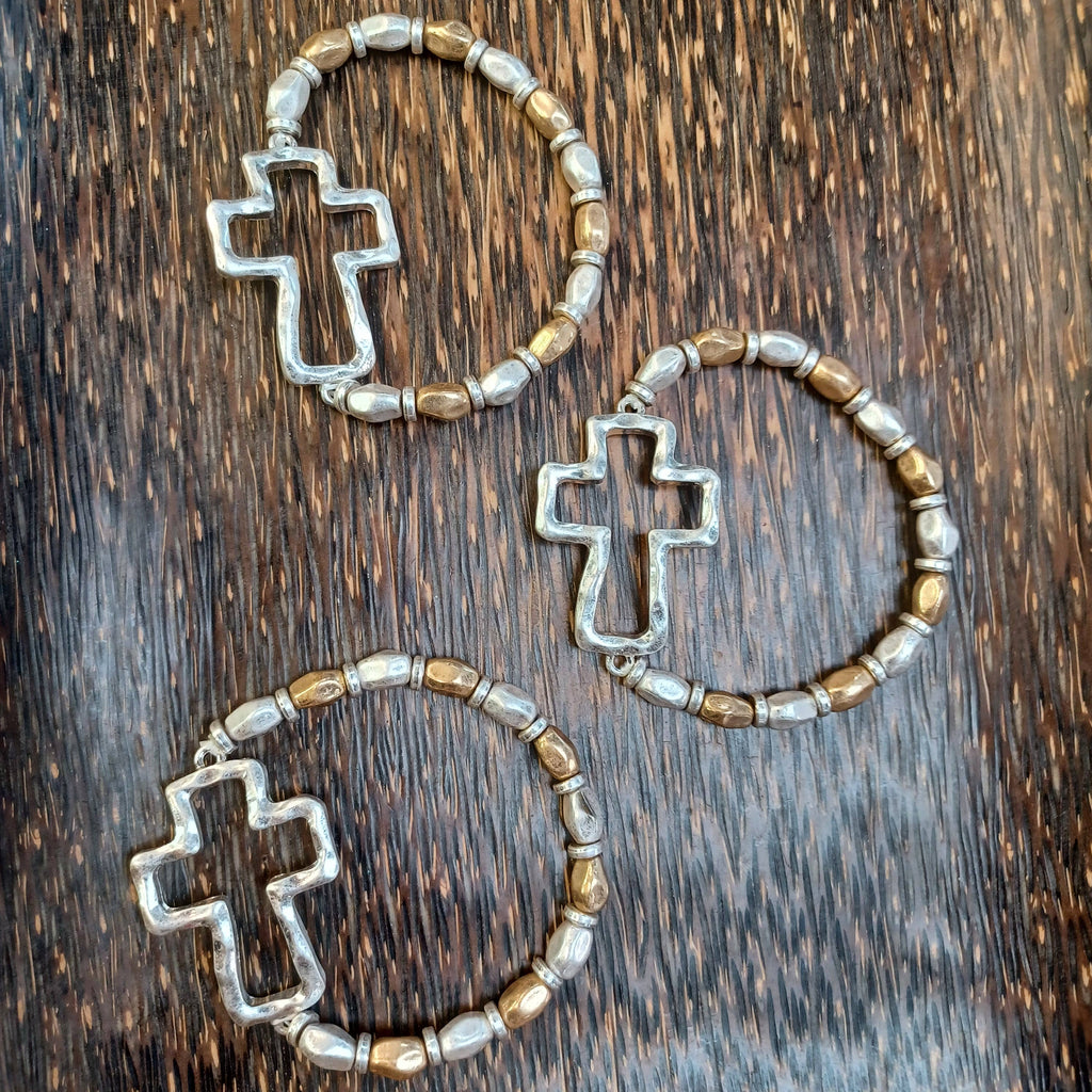 Gold or Silver Hammered Cross Mixed Metal Stretch Bracelet