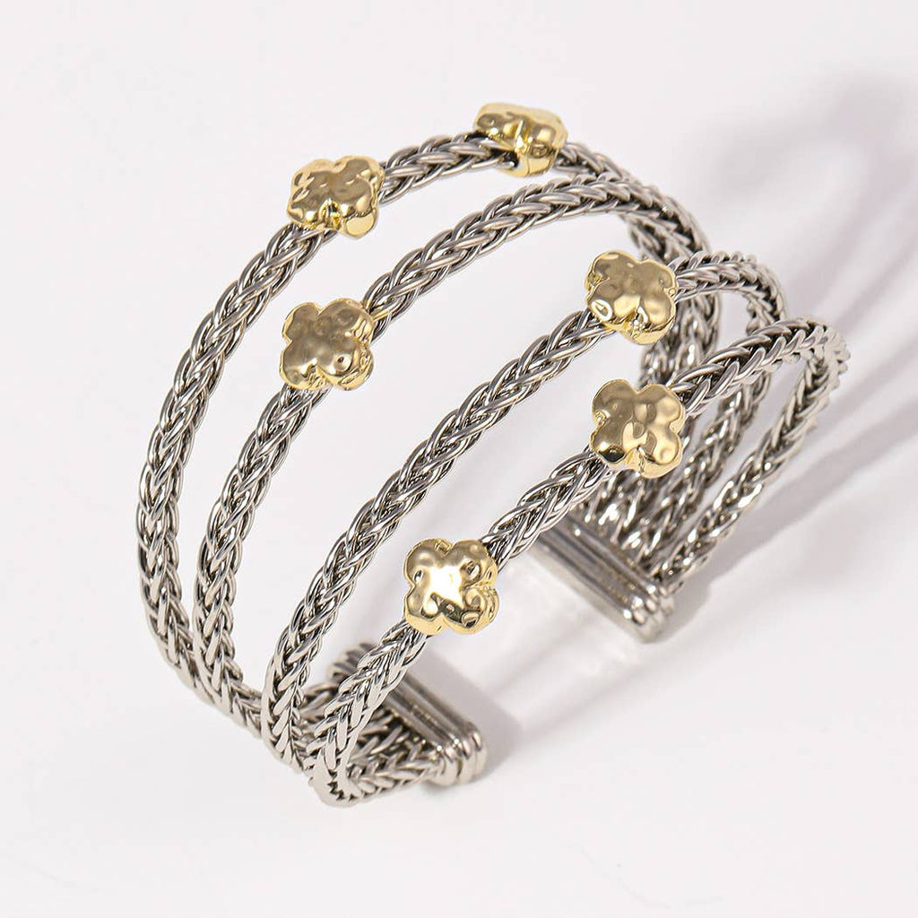 4 Layered Two-Tone Clover Braided Cuff Bracelets