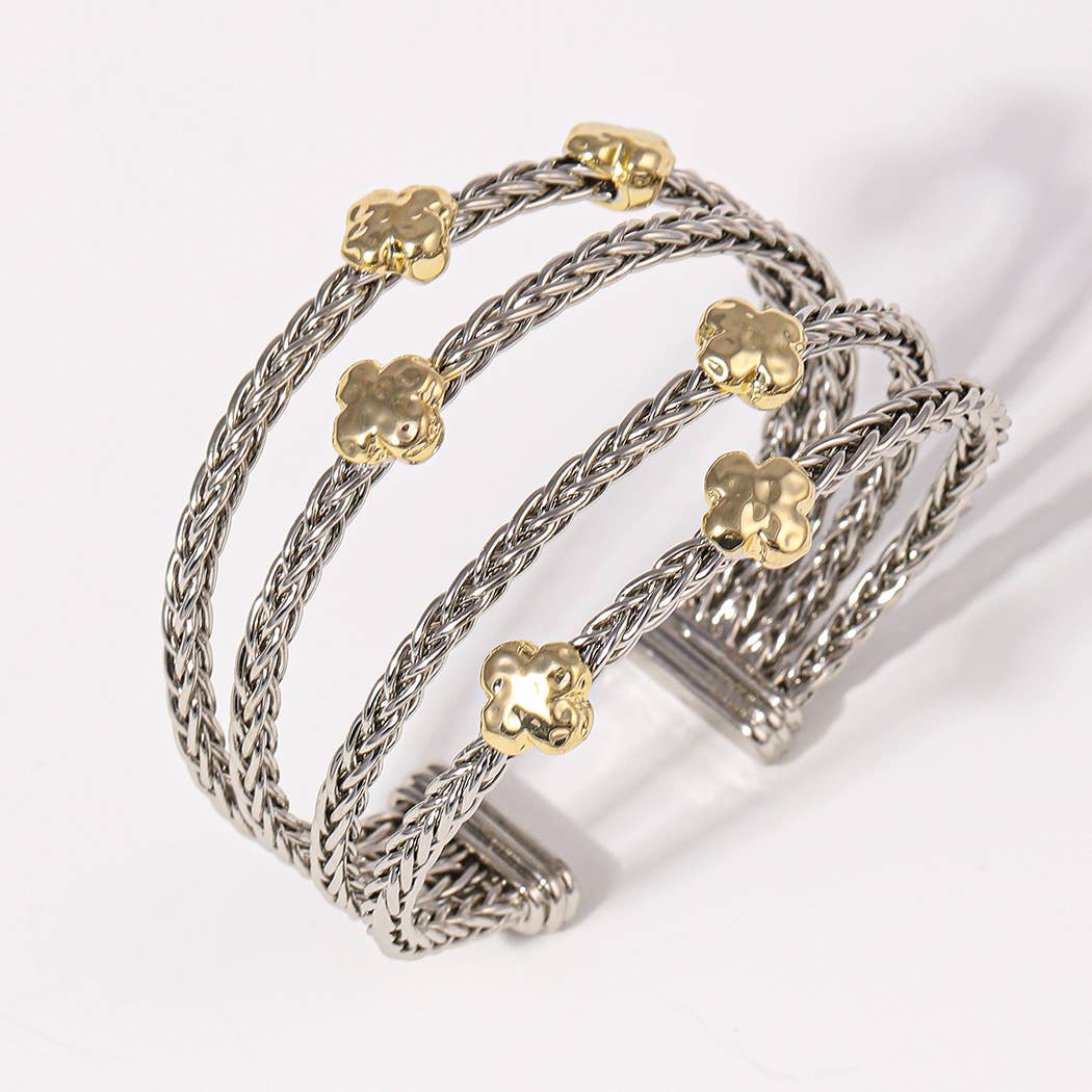 4 Layered Two-Tone Clover Braided Cuff Bracelets