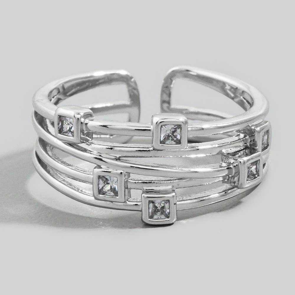 Multi-Band Square Cz Station Open Cuff Ring