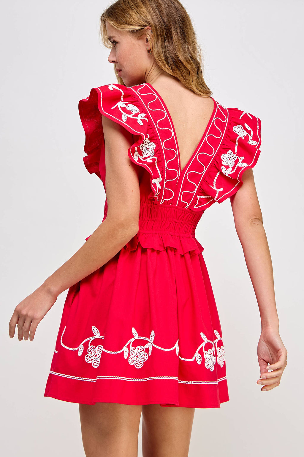 Embroidery Detail Ruffle Linen Mini Dress