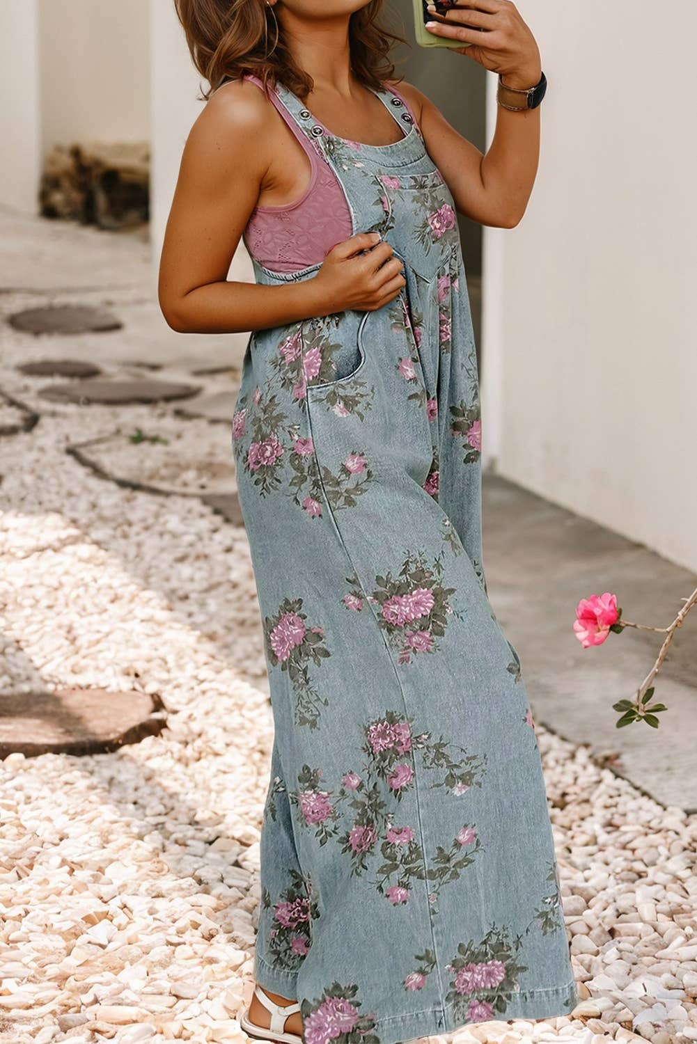Western Floral Pleated High Waist Wide Leg Denim Jumpsuit