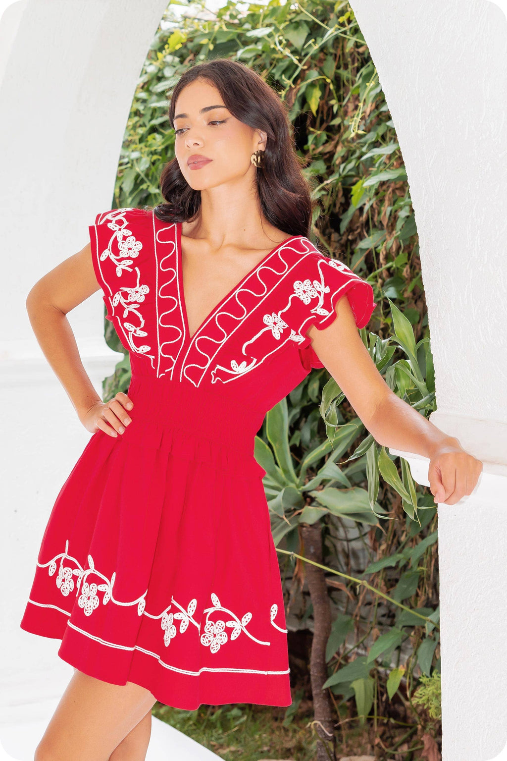 Embroidery Detail Ruffle Linen Mini Dress