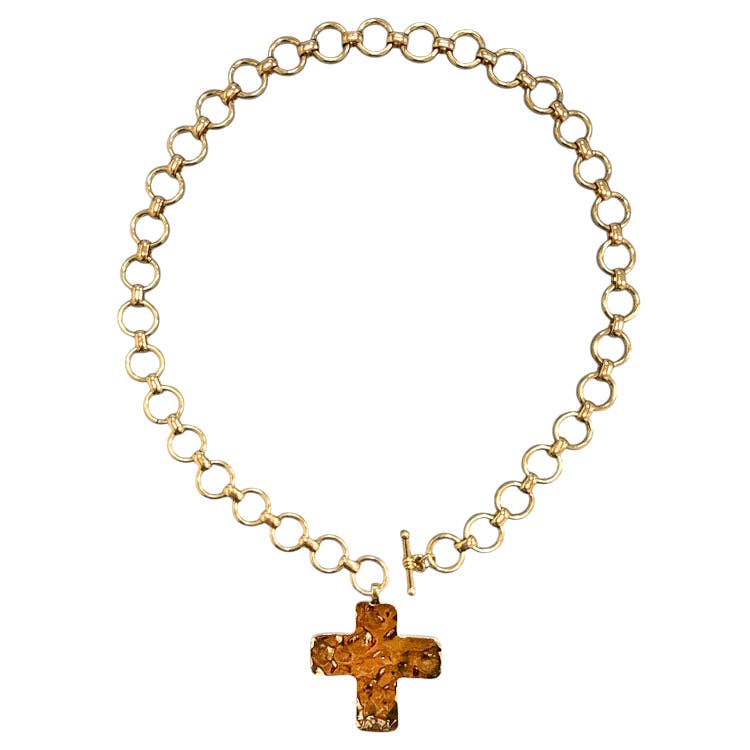 Shiny Gold Open Circle Toggle Chain with Hammered Gold Cross 17" Necklace