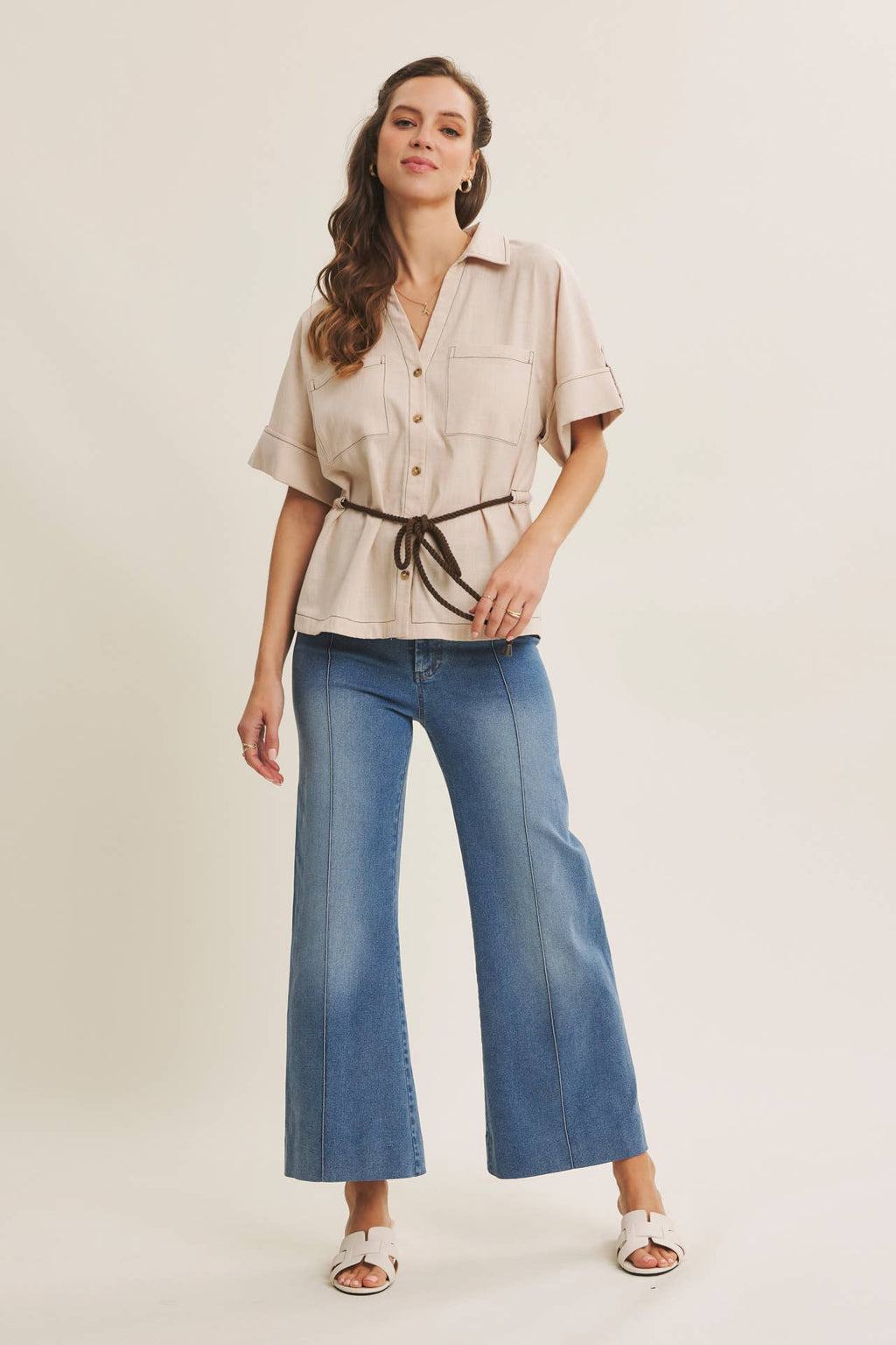 STRETCHY PINTUCK ANKLE LENGTH WIDE-LEG DENIM PANTS