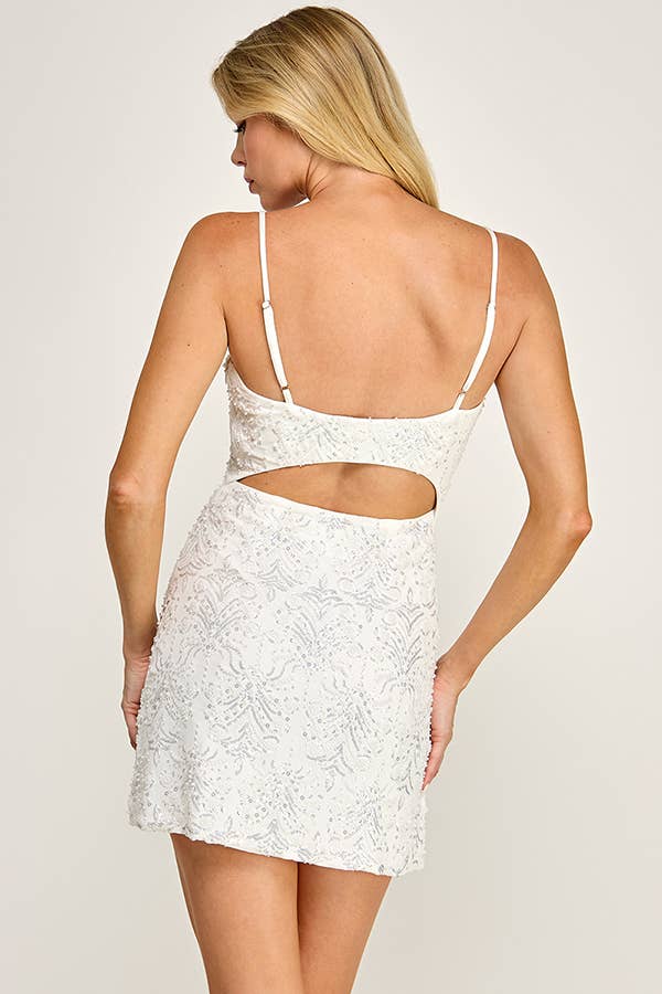 VID52370-10 - MESH W/ PEARL BEADS SEQUIN STRAPS MINI DRESS