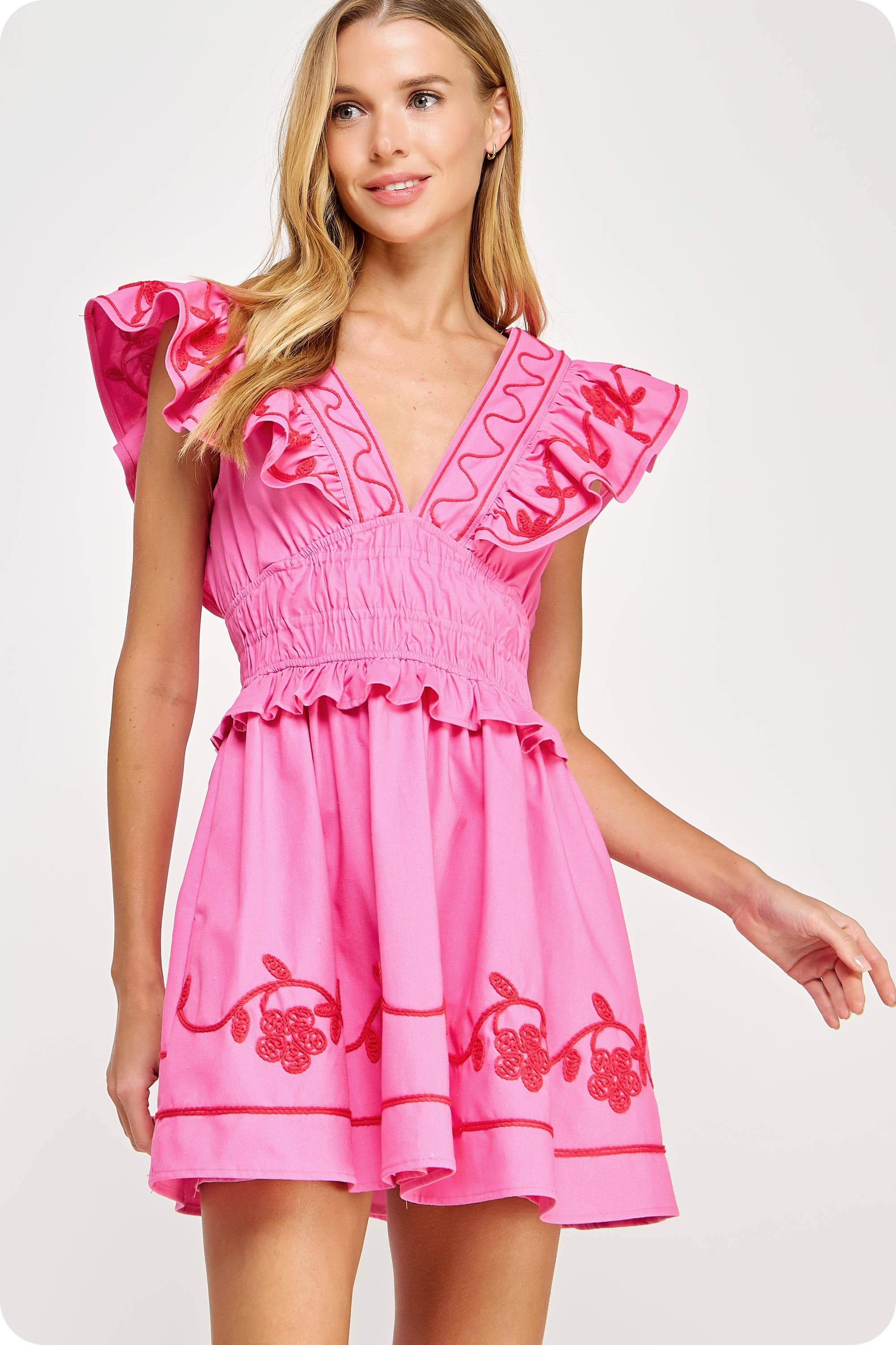 Embroidery Detail Ruffle Linen Mini Dress