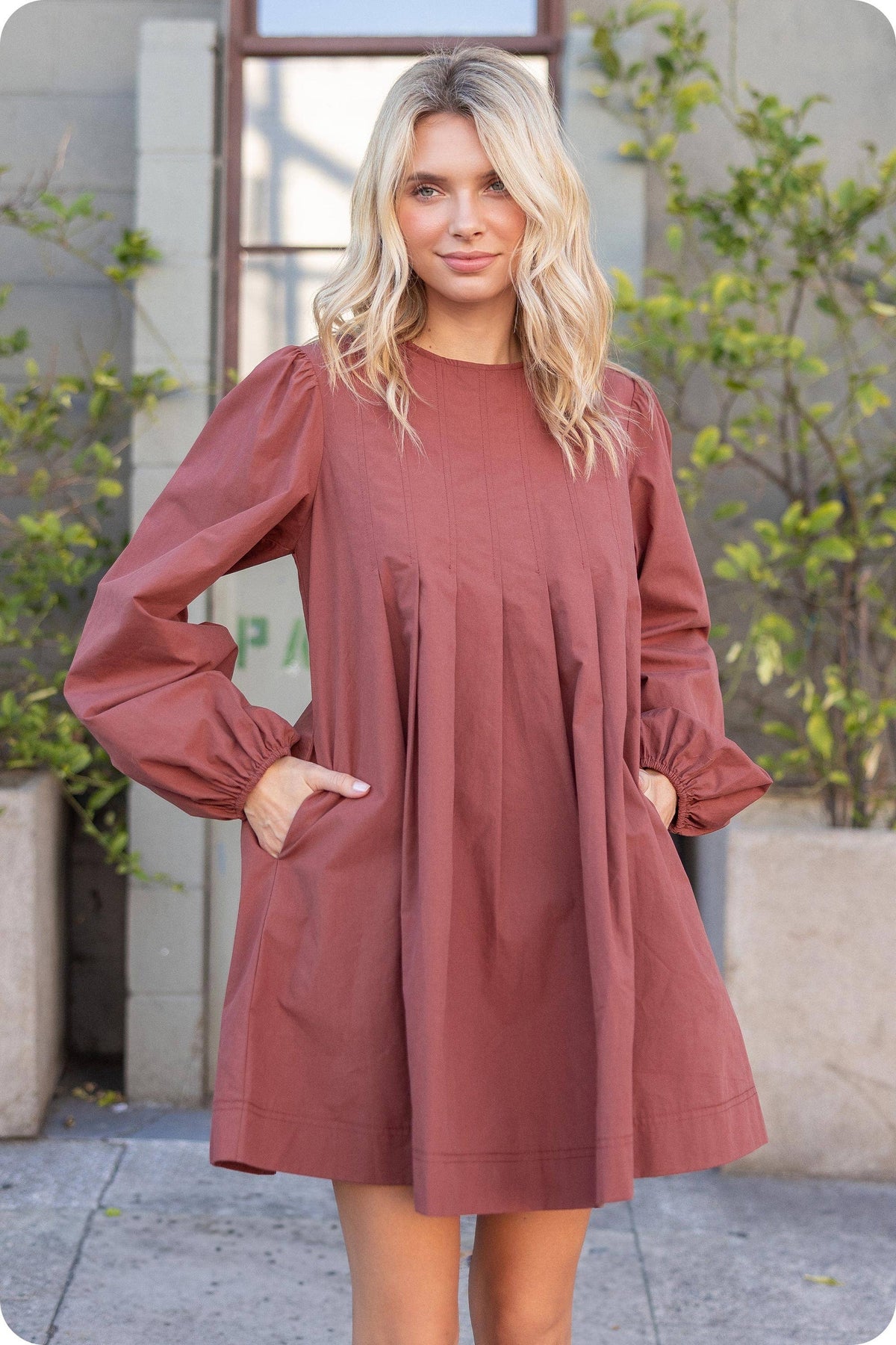 Pintuck Long Sleeve Mini Dress
