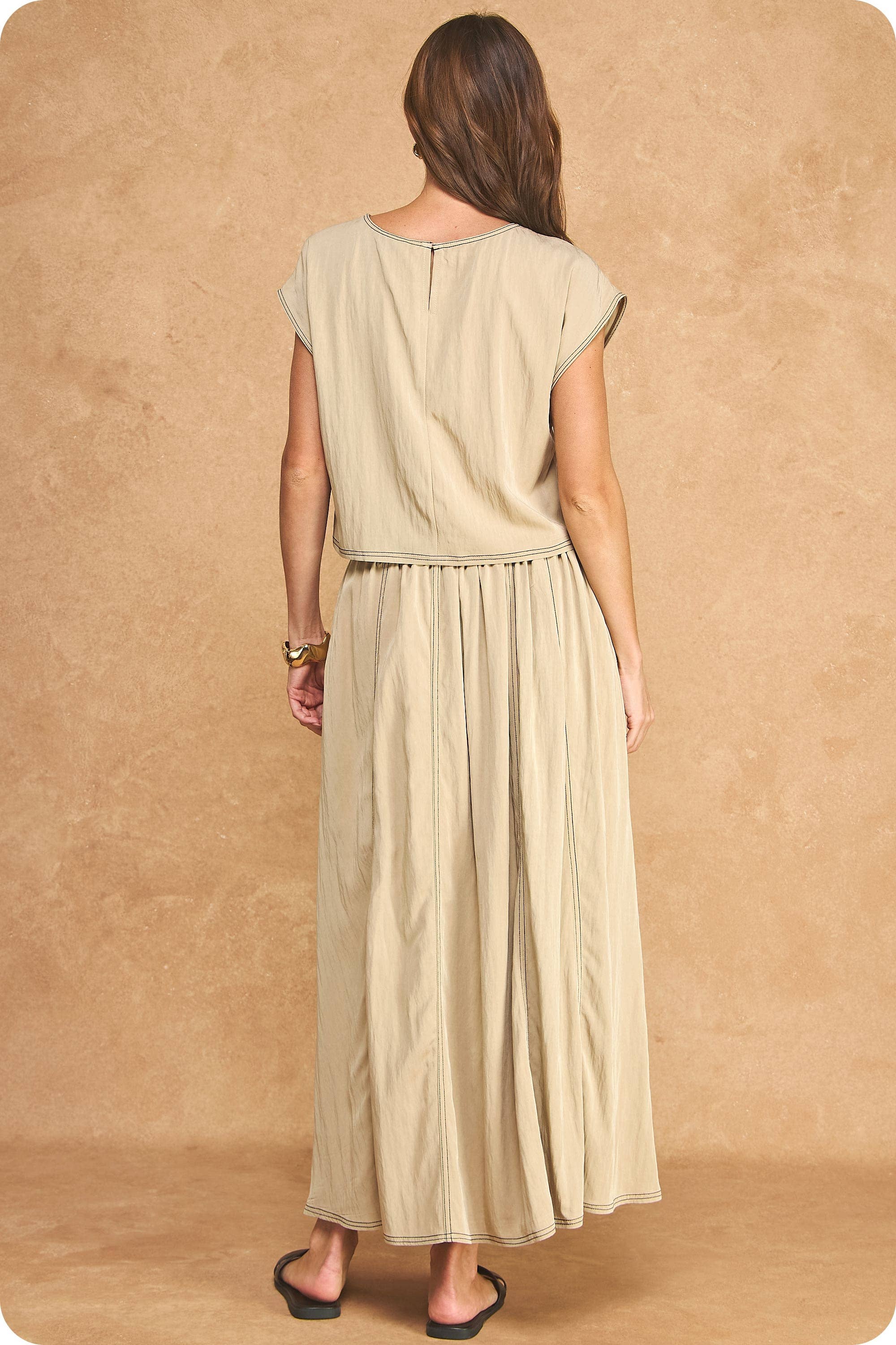 Top Stitch Cap Sleeve Top & Midi Skirt 2-Piece Set