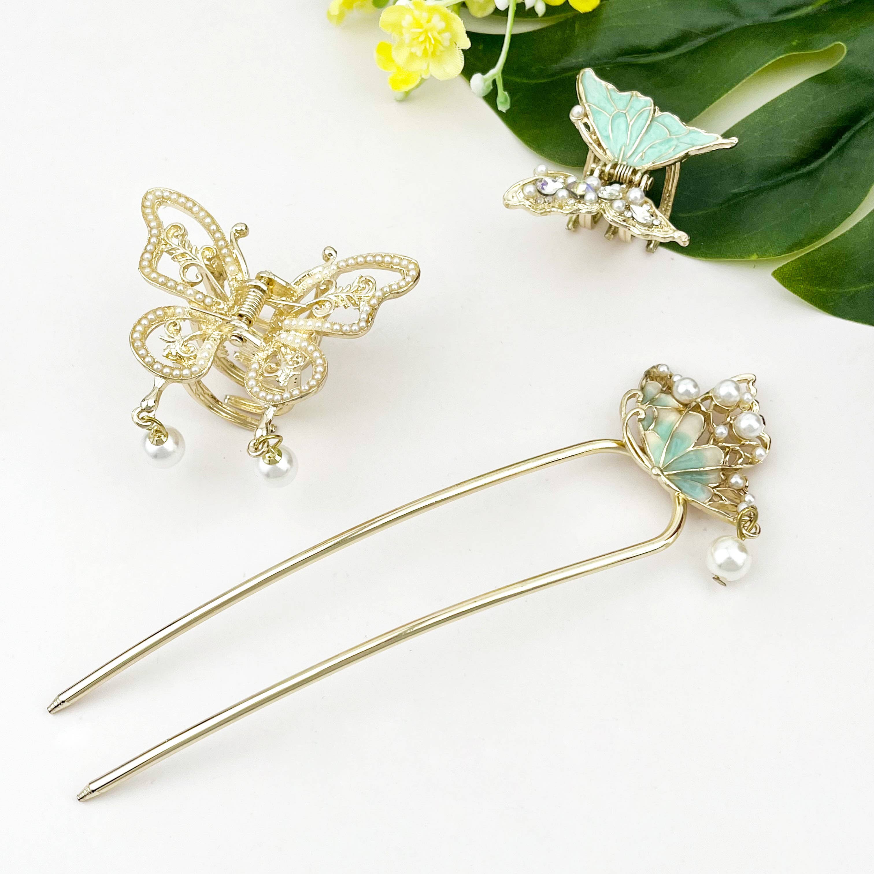 Pearl Butterfly Hair Accessory, Metal Hair Claw & Hair Stick