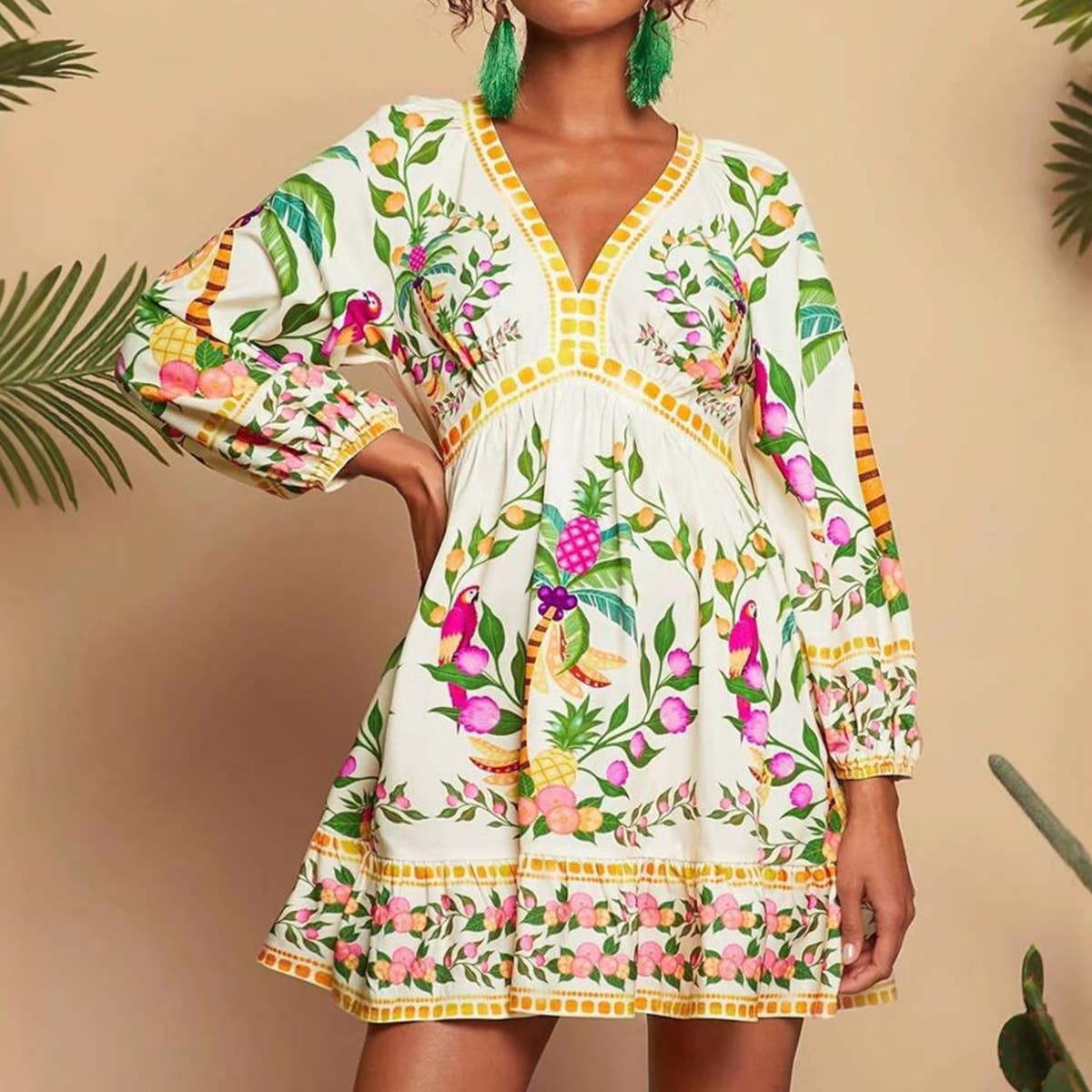 Bohemian V-neck three-quarter sleeve mini dress