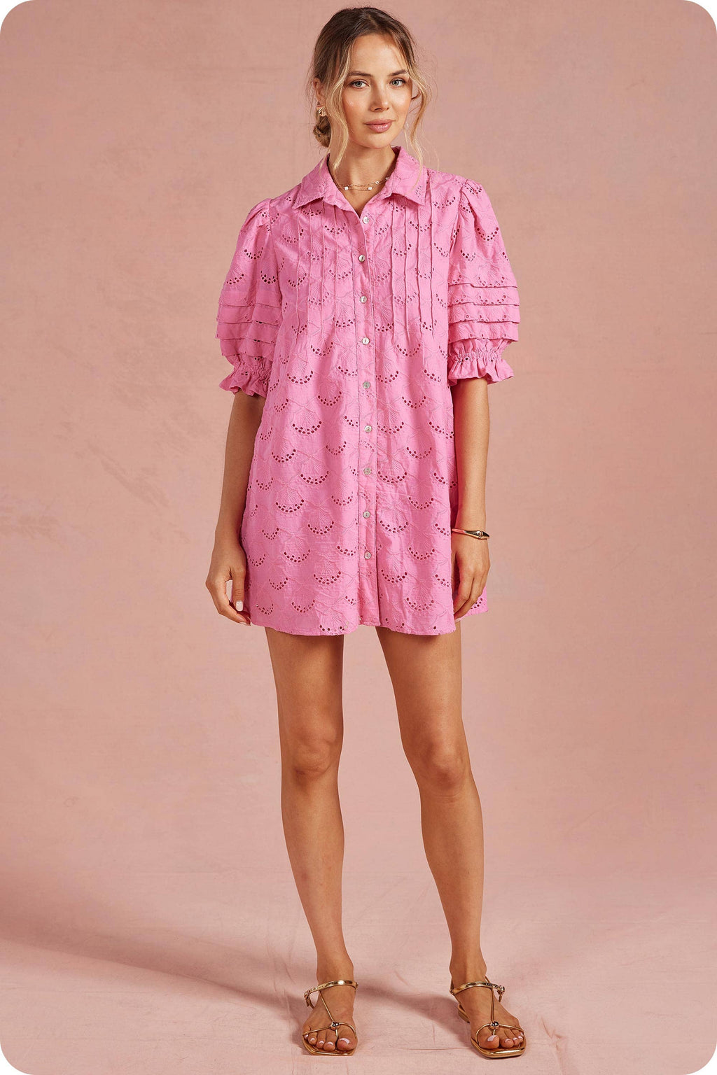 Pintuck Scalloped Eyelet Puff Sleeve Mini Shirt Dress
