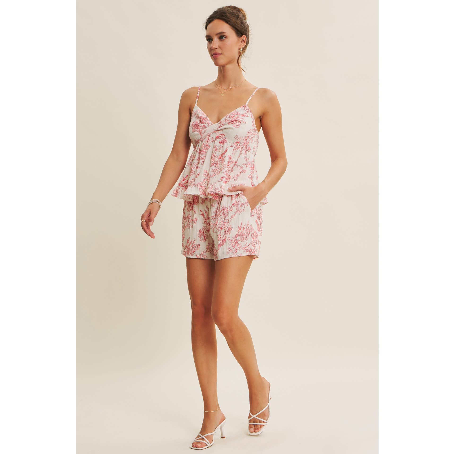 PARISIAN CHARM AIRY TOILE PRINT SHORTS WITH WAIST TIE