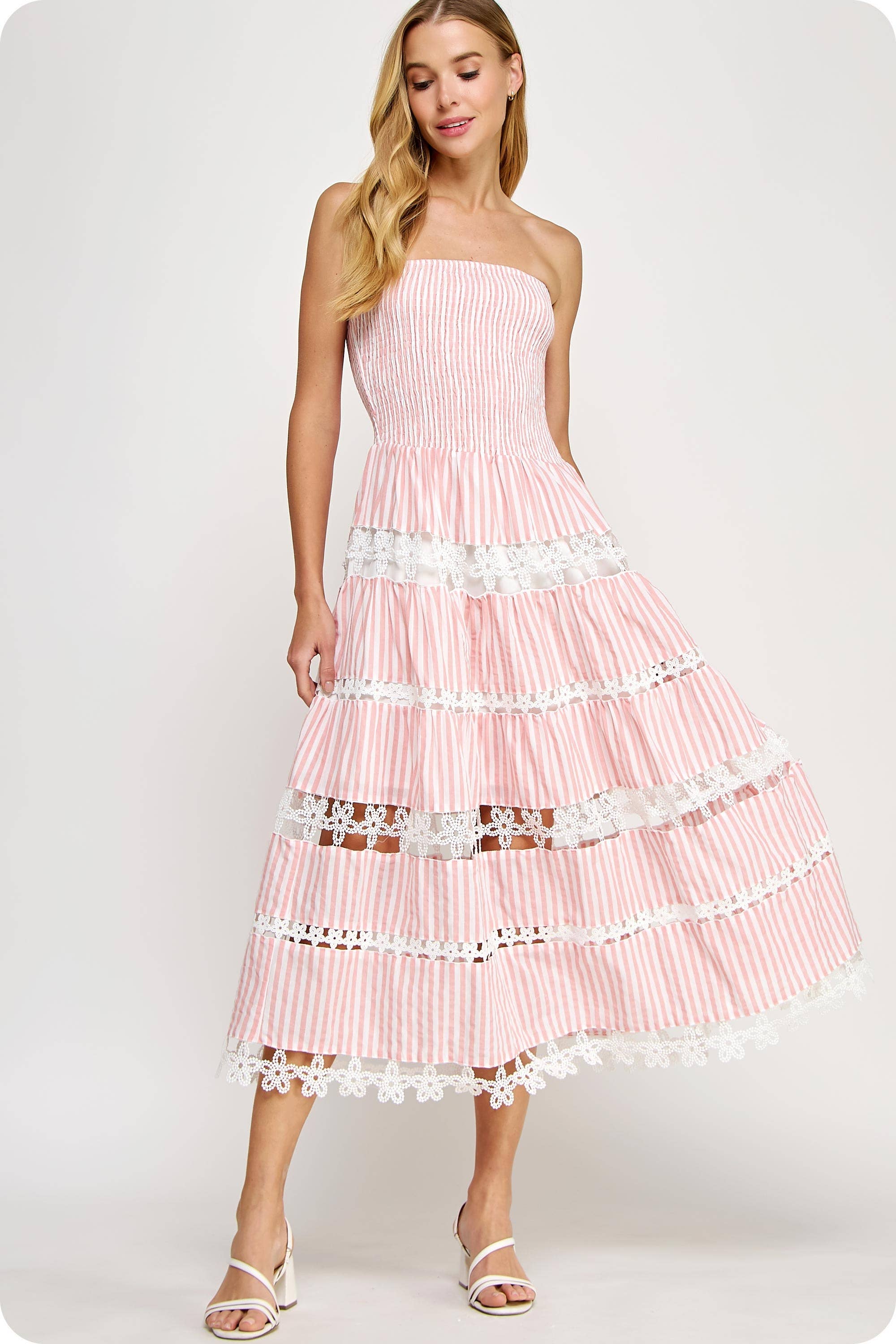 Striped Floral Lace Tube Dress