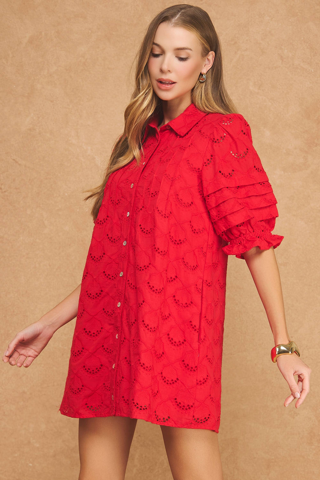 Pintuck Scalloped Eyelet Puff Sleeve Mini Shirt Dress