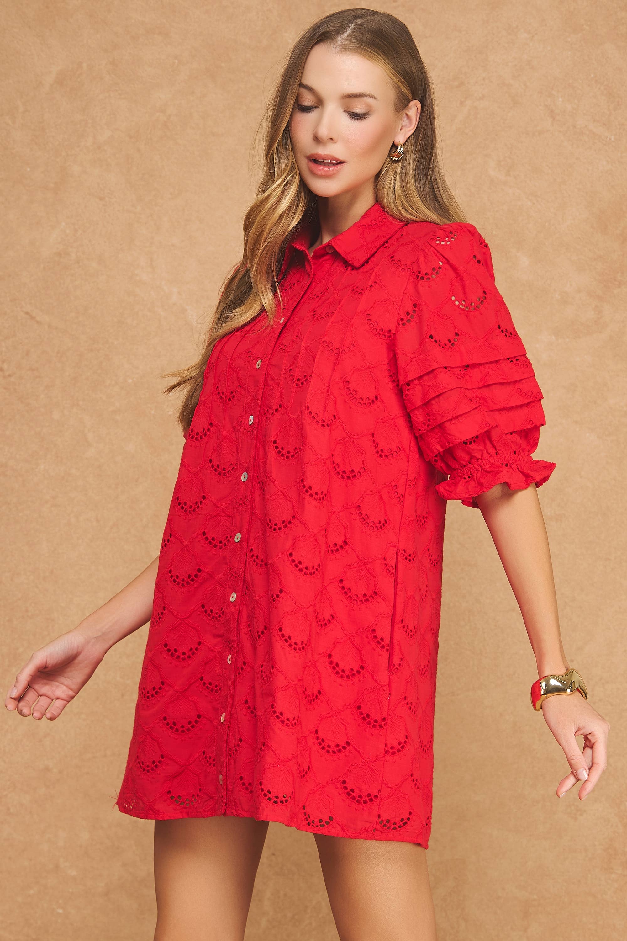 Pintuck Scalloped Eyelet Puff Sleeve Mini Shirt Dress