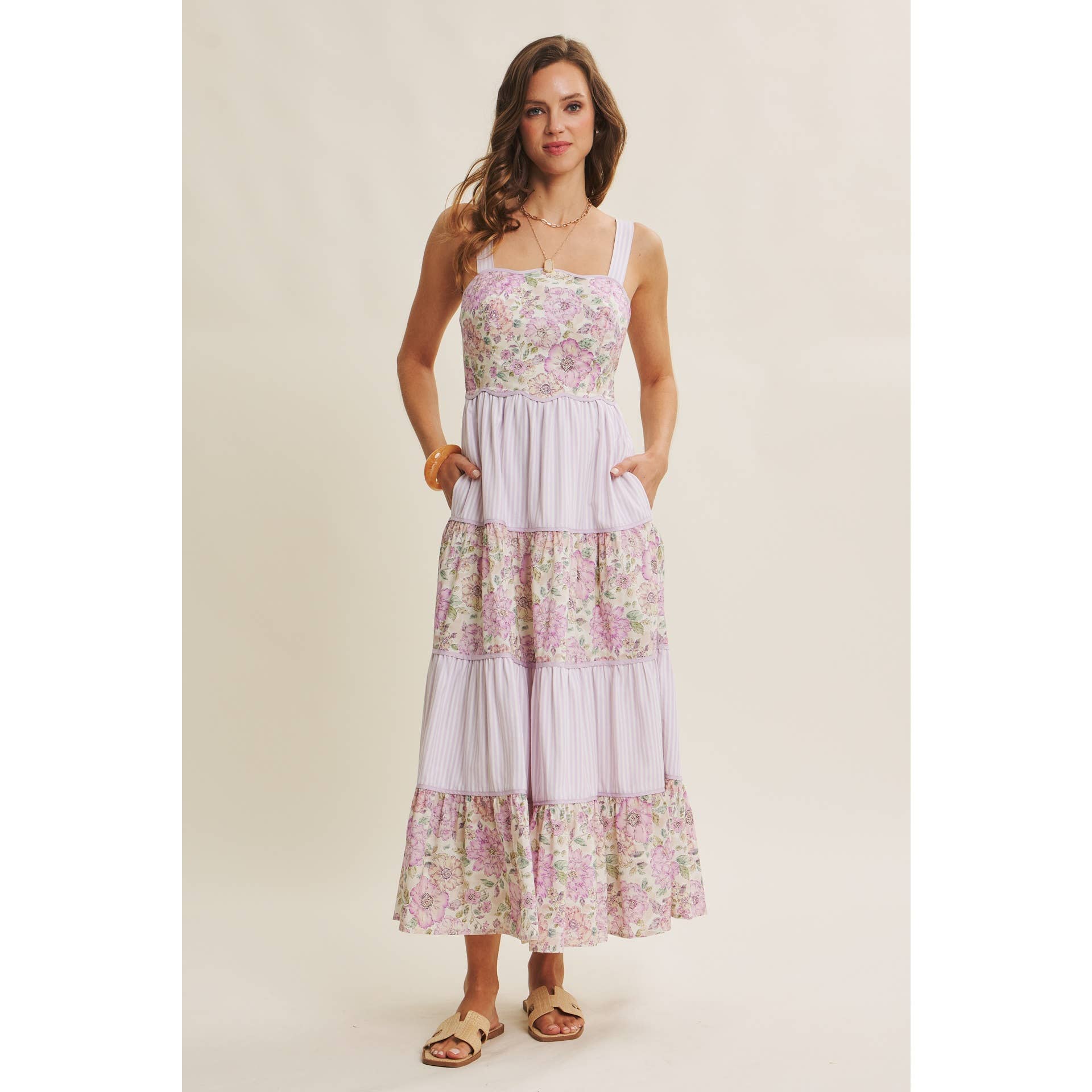 DREAMY IDEAL TIERED MIDI DRESS MIXED IN FLORALS AND STRIPES