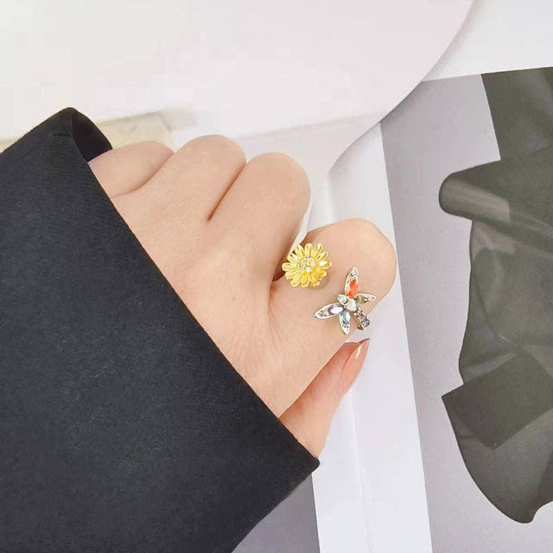 Gold Sunflower Dragonfly Fidget Spinner Ring in Solid Copper