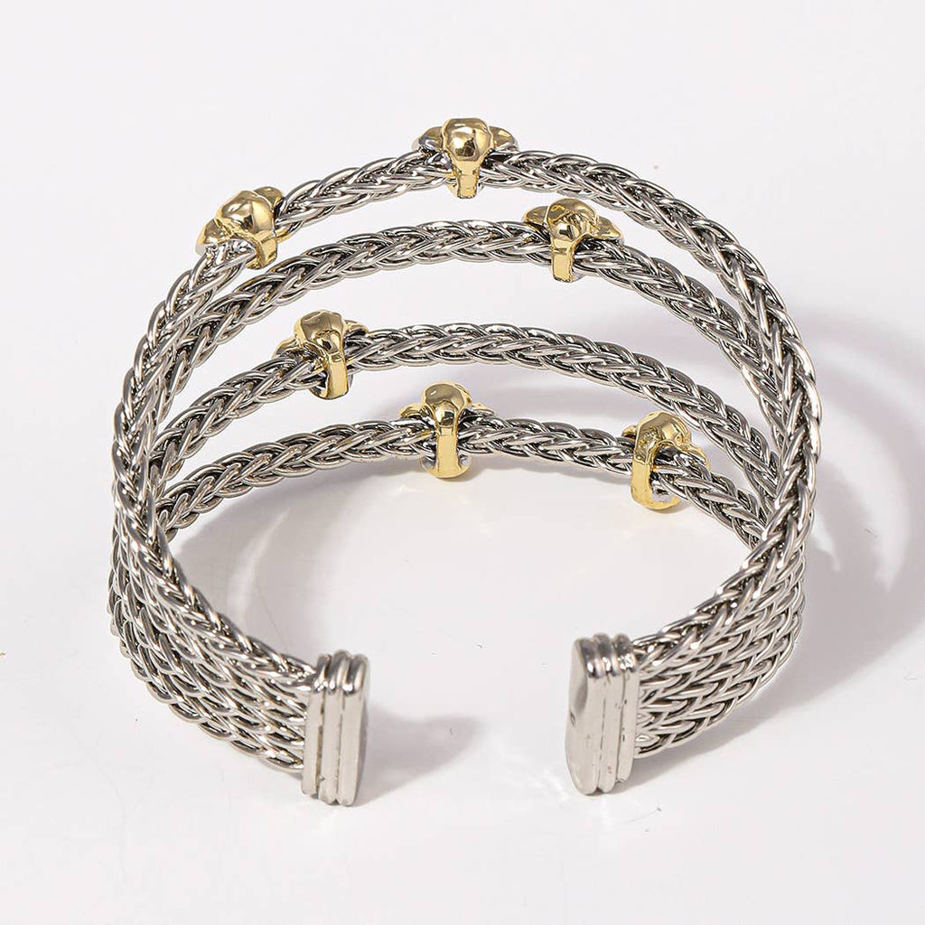 4 Layered Two-Tone Clover Braided Cuff Bracelets