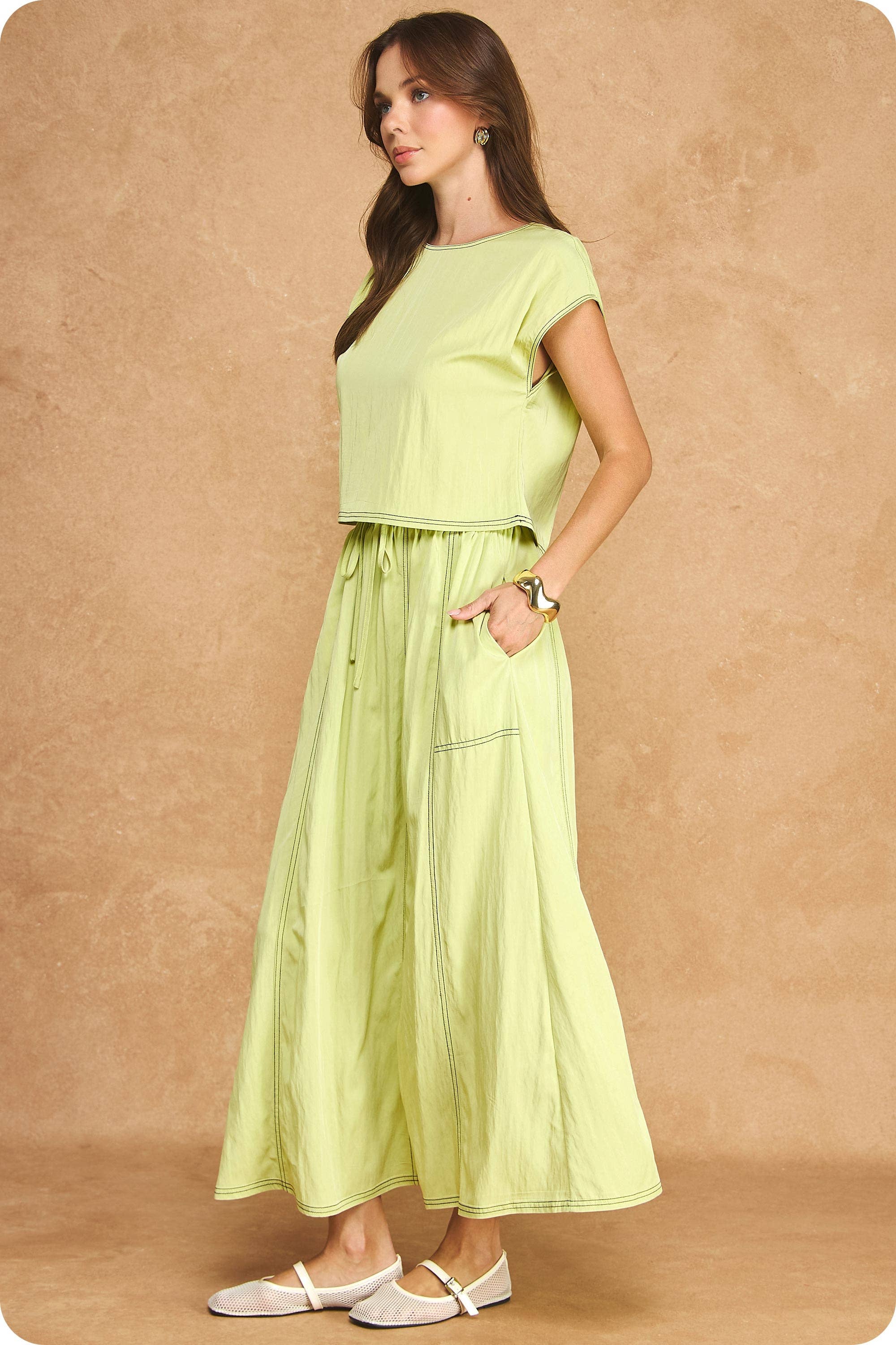 Top Stitch Cap Sleeve Top & Midi Skirt 2-Piece Set