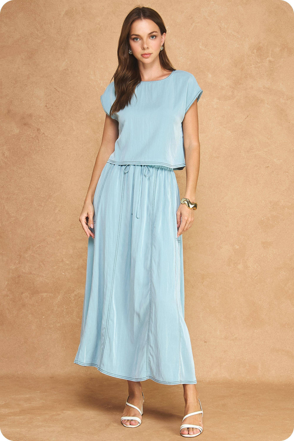 Top Stitch Cap Sleeve Top & Midi Skirt 2-Piece Set