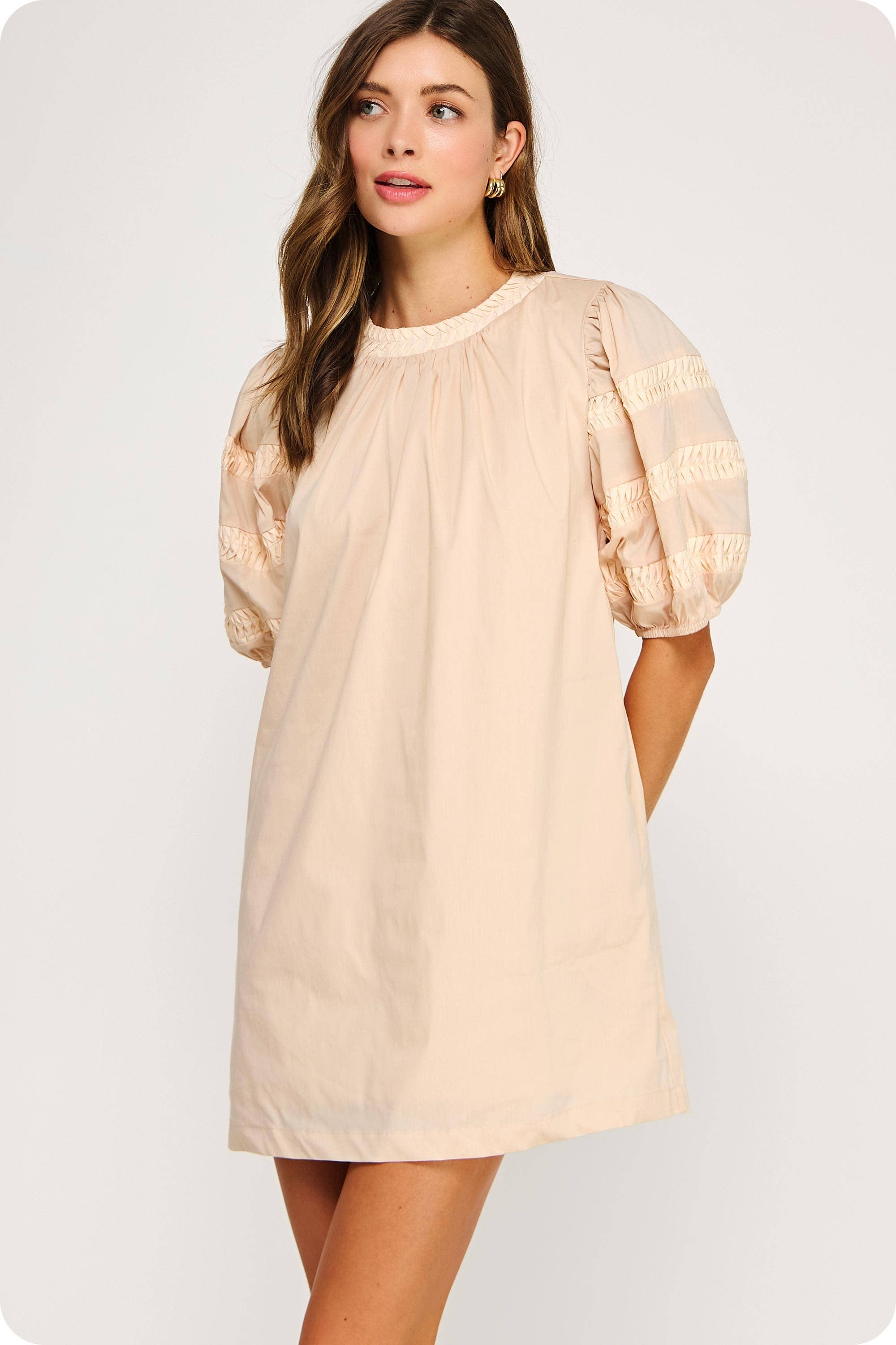 Reverse Pintuck Puff Sleeve Mini Dress