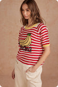 Playful Striped Banana Graphic Short Sleeve Sweater Top